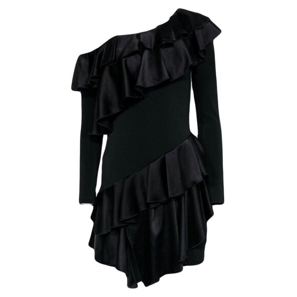 NWT Alice + Olivia Izzy One-Shoulder Black Asymmetrical Ruffle Dress Size 2 - Picture 4 of 12
